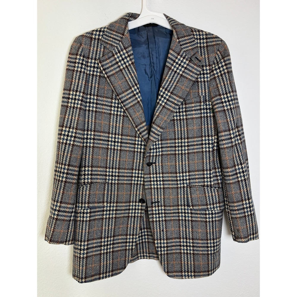 Cricketeer Vintage Plaid Blazer Mens Blue Brown Two Button Sport Coat Ivey's